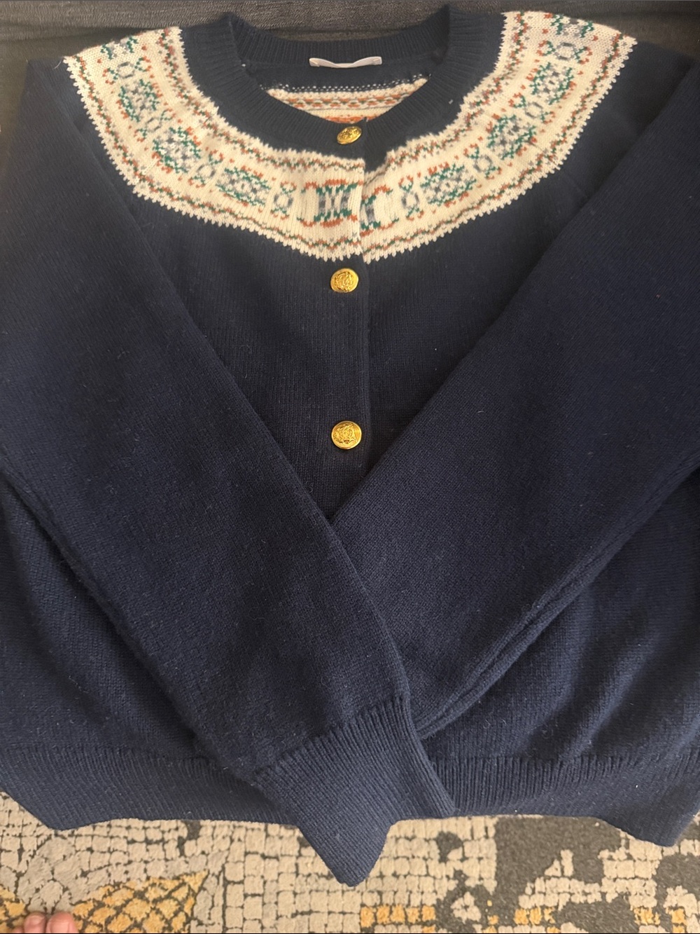 Celine Navy Fair Isle Yoke Cardigan with Gold Buttons - Picture 7 of 11